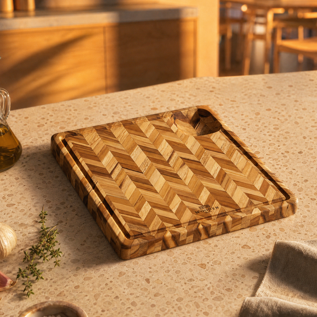 Teak herringbone cutting board square food safe charcuterie board gift