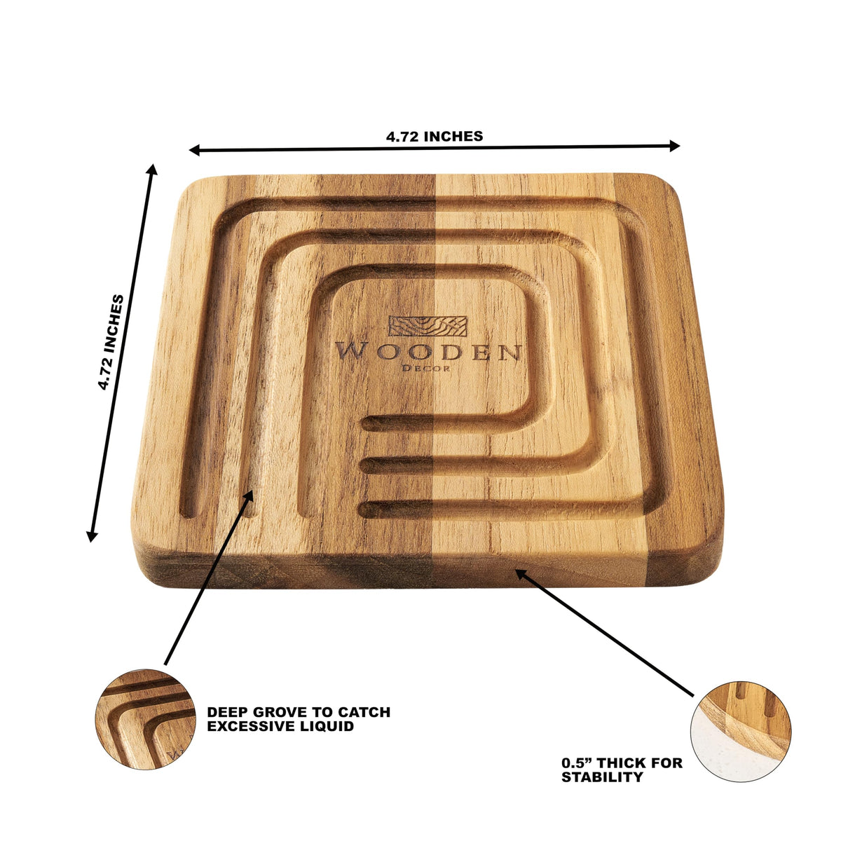 Square teak drink coasters with deep groove set of 4