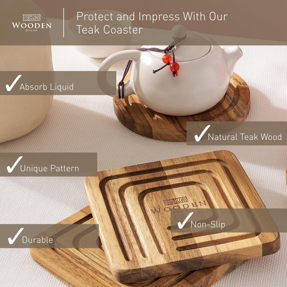Natural teak wood coasters with holder food safe set of 4