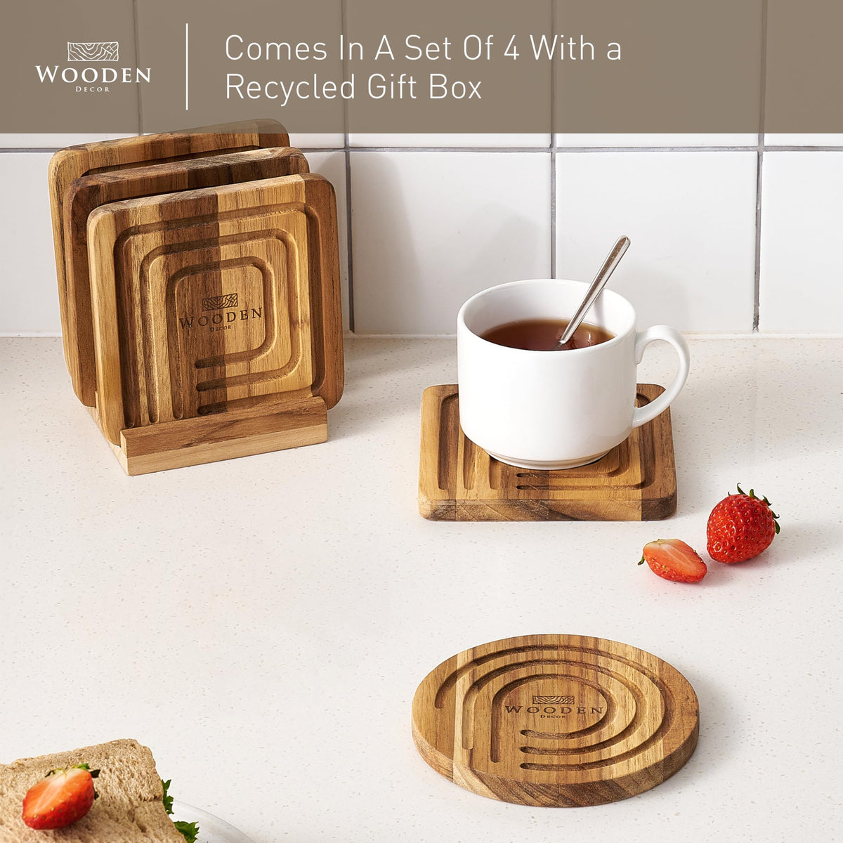 Teak coasters set of 4 with storage holder for living room