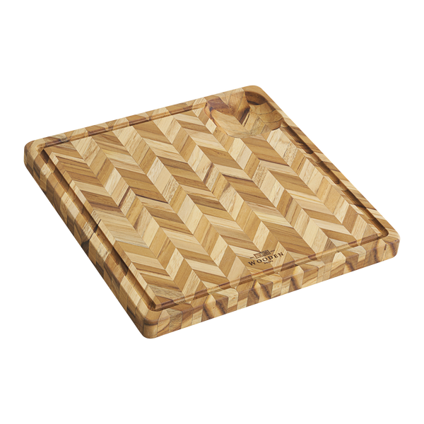 Square herringbone teak cutting board small butcher block with juice groove