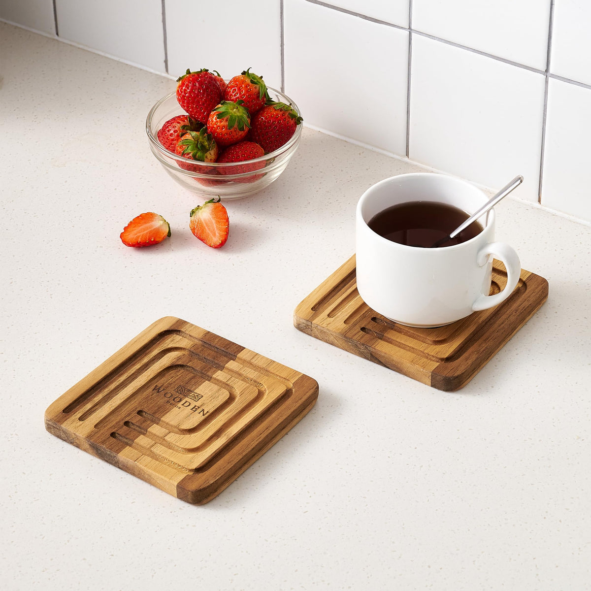 Handcrafted teak wood coasters with holder kitchen gift set