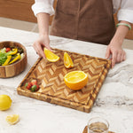 Square teak cutting board herringbone pattern butcher block juice groove